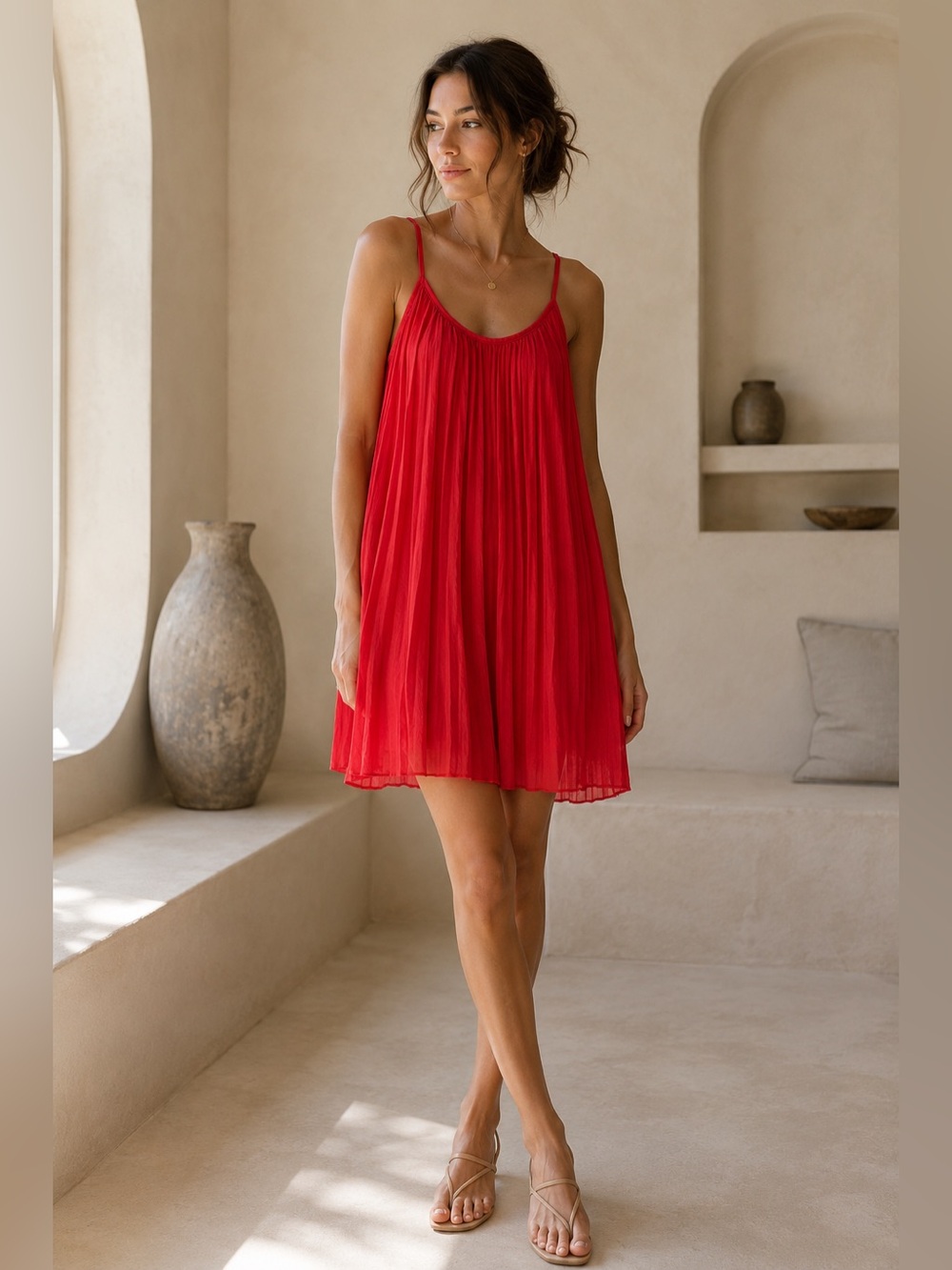 Dynamite Women’s Coral Red Pleated Mini Dress – Size XS